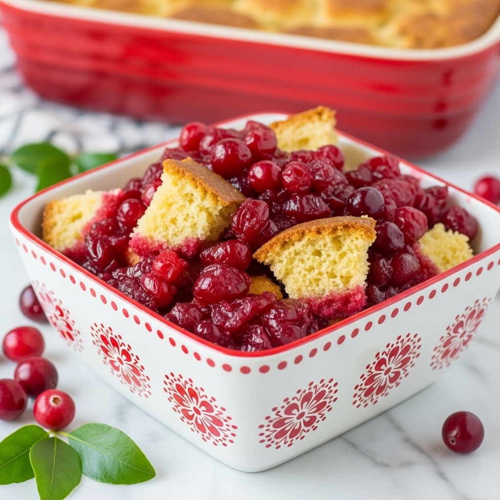 A close-up view shows a dessert served in a small white square dish with red floral and swirl patterns with beaded edges. The dish holds a mix of bright red cooked cranberries and orange segments, topped with crumbly, light beige cake or biscuit pieces soaked in bright red juice. The colors contrast vividly, with the glossy red fruits and soft crumbly texture of the topping. The background includes a blurred white marbled texture and a matching red baking dish with white floral patterns. photo taken with an iphone --ar 4:5 --v 7