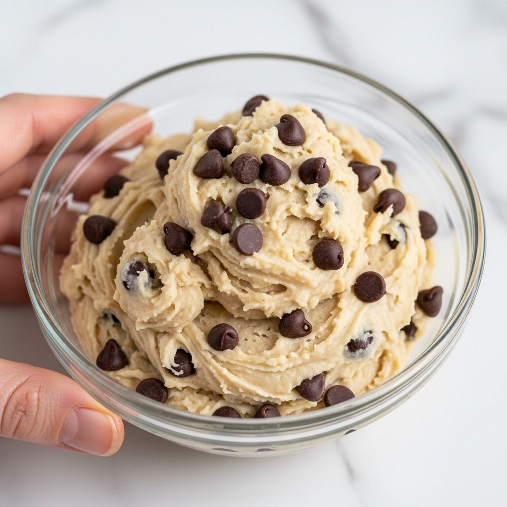 A clear white bowl filled with several thick layers of light brown cookie dough, each layer mixed with and topped by many dark brown chocolate chips. The dough has a soft, creamy texture with some peaks and folds, making it look rich and fresh. The bowl is placed on a white marbled surface. Photo taken with an iphone --ar 4:5 --v 7