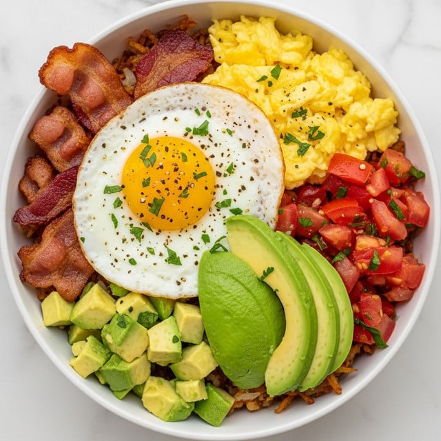 Inside a white bowl, there is a base layer of golden-brown crispy hash browns covering the bottom. On top of the hash browns, in the center, lies a bright yellow sunny-side-up egg with a runny yolk and white edges, sprinkled with small green herb bits and black pepper. To the left, crispy reddish-brown bacon pieces are scattered partly overlapping the egg. Below the bacon, small cubes of light green avocado are placed. To the right of the egg, there is a group of three fan-shaped avocado slices with a smooth green surface. Next to the avocado slices, there is a heap of soft, yellow scrambled eggs. Finally, the right half of the bowl is filled with bright red diced tomatoes mixed with small pieces of green herbs. The bowl is set on a white marbled surface. Photo taken with an iphone --ar 4:5 --v 7
