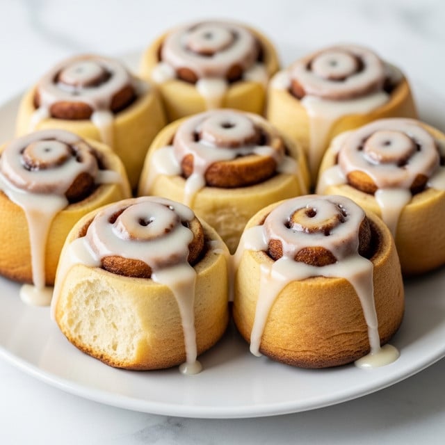 The image shows a plate with eight small cinnamon rolls, each one round and golden brown with a soft, fluffy texture. They are topped with a creamy, white glaze that gently drips down the sides, pooling slightly at the base of each roll. The rolls have a caramelized, browned edge that contrasts with the smooth, light frosting on top. The plate is white, placed on a white marbled surface that highlights the warm colors of the cinnamon rolls. The photo is taken close up, showing the texture of the glaze and the fluffy inside of the rolls, giving a cozy and fresh appearance. photo taken with an iphone --ar 4:5 --v 7
