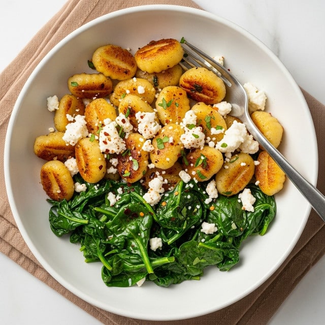The dish shows a white bowl filled with three main layers: at the bottom, there are bright green cooked spinach leaves with a soft, slightly wilted texture, sitting underneath golden-brown pan-fried gnocchi pieces that have crispy edges and a glossy look from light oil. On top, there are scattered white crumbles of soft cheese, likely feta, adding texture and contrast. The dish is garnished with small bits of herbs and a light sprinkling of red pepper flakes, and a fork rests inside the bowl on the right side. The bowl is placed on a light brown cloth, all set on a white marbled surface. photo taken with an iphone --ar 4:5 --v 7