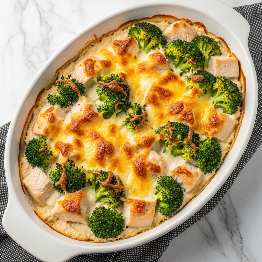 The image shows a white oval baking dish filled with a baked dish made of three main layers. The base layer is a creamy, light-colored sauce with a smooth texture. On top of the sauce, there are chunky pieces of cooked chicken, which are white with slight golden-brown edges. Mixed evenly with the chicken pieces are bright green broccoli florets, which add a fresh look. The top layer is golden, melted cheese, browned in spots and slightly crispy, covering the chicken and broccoli partially. The dish rests on a white marbled surface, with a textured dark cloth placed underneath part of the dish. photo taken with an iphone --ar 4:5 --v 7