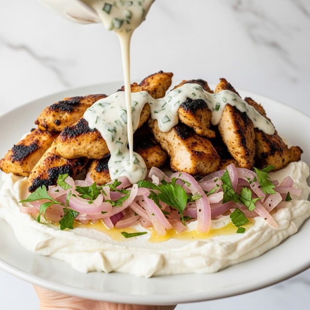 A dish with three main layers is shown on a white plate. The bottom layer is thick and creamy, white in color, spread evenly to cover the base. On top of it, there are small pieces of light purple sliced onions mixed with chopped green herbs scattered all around. The top layer has many pieces of grilled chicken with a golden brown color and slightly charred edges, giving a crispy look. A creamy white sauce with small green herb bits is being poured over the chicken from above, flowing down the pieces. The dish is held by a woman's hand, and the background is a white marbled texture. photo taken with an iphone --ar 4:5 --v 7