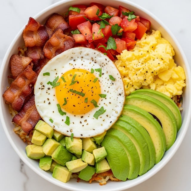 A white bowl filled with a layered breakfast dish is shown from above. The bottom layer is golden brown hash browns with a crispy texture. On top of the hash browns, there is a sunny-side-up egg with a bright yellow yolk centered and white edges, sprinkled with small green herbs and black pepper. Around the egg, there are small pieces of crispy, dark reddish-brown bacon on one side. To another side, there are three thick slices of bright green avocado neatly placed. Next to the avocado is a pile of fluffy, light yellow scrambled eggs. At the bottom, there are chopped bright red tomatoes mixed with small green onion pieces. The bowl rests on a white marbled surface. photo taken with an iphone --ar 4:5 --v 7