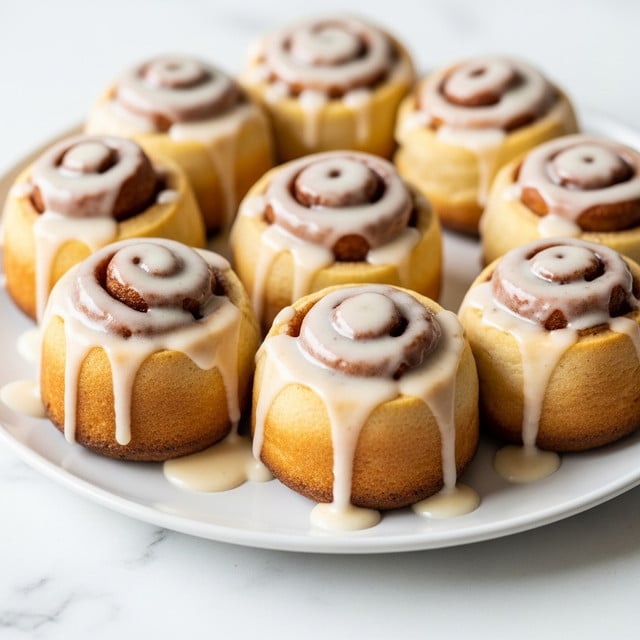 The image shows a close-up of nine small cinnamon rolls arranged closely together in a cluster on a white plate, each roll thick and cylindrical with visible swirls of cinnamon inside. Each roll is golden-brown on the top and sides with a slightly crispy texture, and they are generously covered with a smooth, creamy white glaze that drips down the sides, pooling at the bottom on the plate. The glaze shines under the light, giving a moist and fresh look to the rolls. The background is a white marbled texture, soft and out of focus, keeping attention on the warm rolls. photo taken with an iphone --ar 4:5 --v 7
