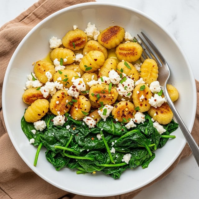 A close-up view of a white bowl with a beige tone filled with crispy golden-brown gnocchi mixed with wilted, dark green spinach leaves, topped with small crumbles of white cheese scattered evenly across the dish. The gnocchi pieces have a slightly shiny, caramelized texture, and the spinach looks moist and cooked. The dish is garnished with tiny bits of herbs and a light sauce pooling at the bottom. On the right side inside the bowl, there is a vintage silver fork resting partially inside the food. The bowl is set on a soft beige cloth, all placed on a white marbled surface. Photo taken with an iphone --ar 4:5 --v 7
