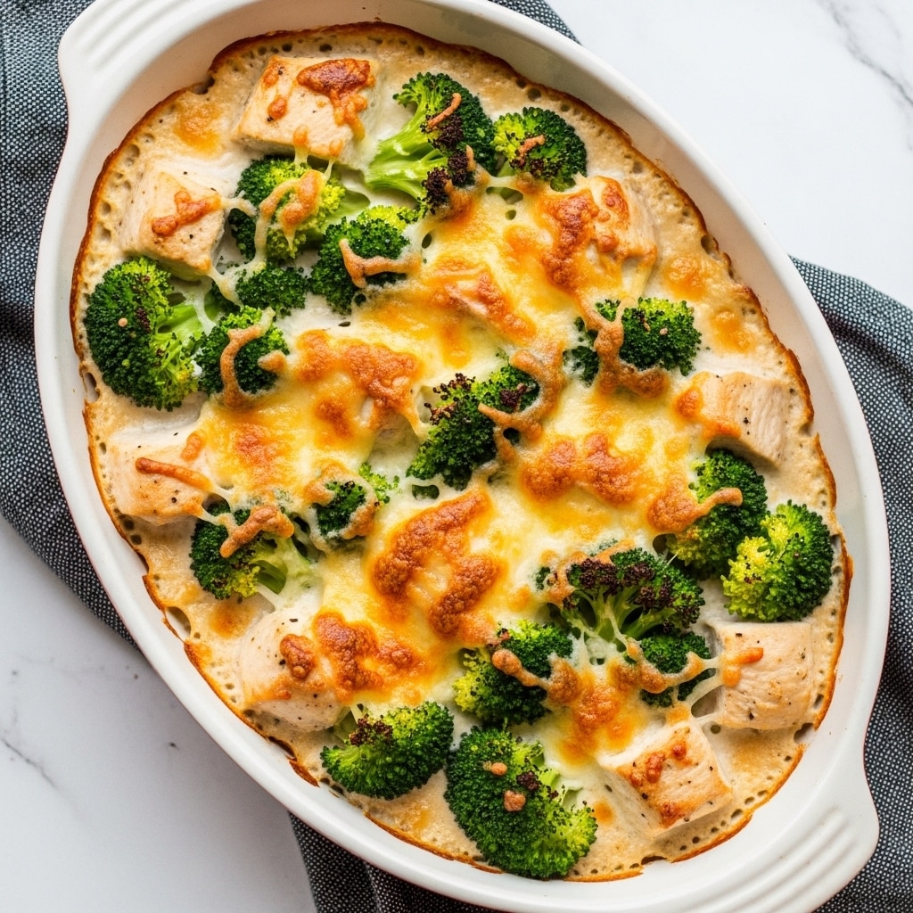 A white oval baking dish filled with a low carb Tuscan chicken broccoli bake, showing layers of browned, golden melted cheese on top with a slightly crispy texture. Underneath the cheese, there are firm green broccoli florets and tender chunks of creamy white chicken mixed evenly throughout the dish. The cheese has browned spots in some areas, adding a rich contrast to the bright green broccoli and light-colored chicken pieces. The dish is placed on a white marbled surface with a textured dark gray cloth partially visible under the dish. photo taken with an iphone --ar 4:5 --v 7