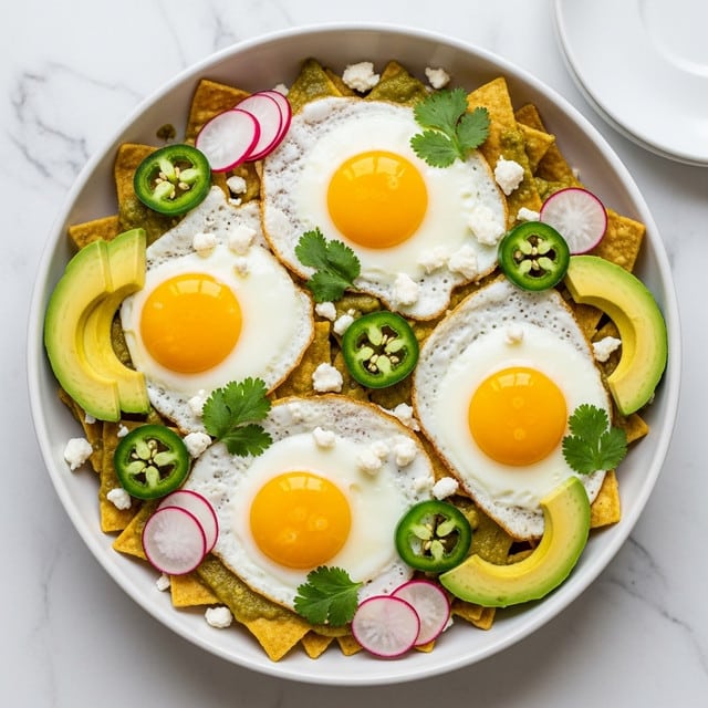 A white bowl filled with a colorful dish featuring three sunny-side-up eggs placed evenly across the top. Underneath and around the eggs are crispy, golden tortilla chips covered with green salsa, giving a slightly wet and chunky texture. Thin slices of light green avocado are arranged in small clusters, and thin pink radish slices add a fresh pop of color. Bright green jalapeño rounds and fresh cilantro leaves are scattered over the dish, with a sprinkle of white crumbly cheese adding texture. The bowl sits on a white marbled surface with part of another plate visible nearby. Photo taken with an iphone --ar 4:5 --v 7