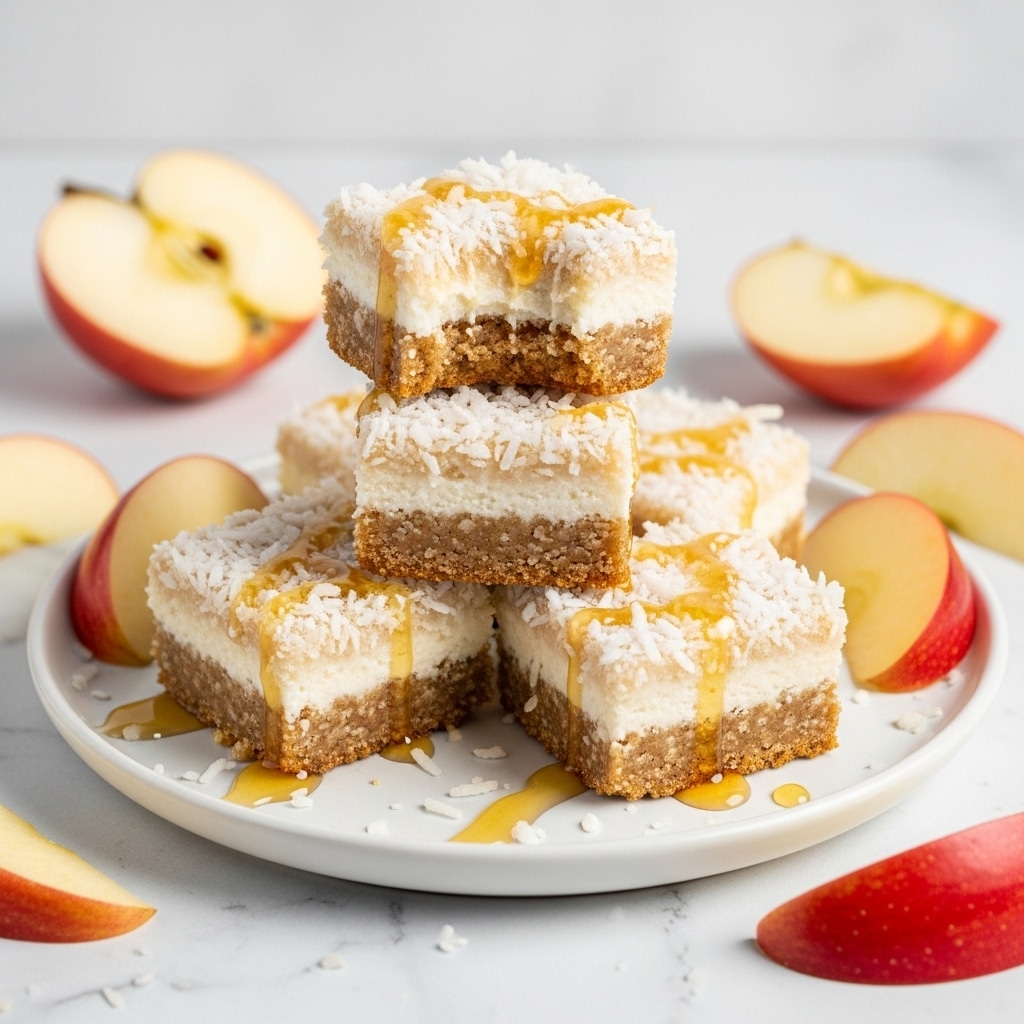 A stack of four square coconut-covered dessert bites is shown on a white plate set on a white marbled surface. Each bite consists of a creamy light beige base layer with a soft, slightly textured look, topped with a golden caramel-like layer in the center. The outside of each piece is fully coated in shredded white coconut. Around the plate's edge, thin red apple slices are placed, alongside small drizzles of honey or syrup for a glossy accent. The background is softly blurred, showing warm tones and a cozy setting. Photo taken with an iphone --ar 4:5 --v 7