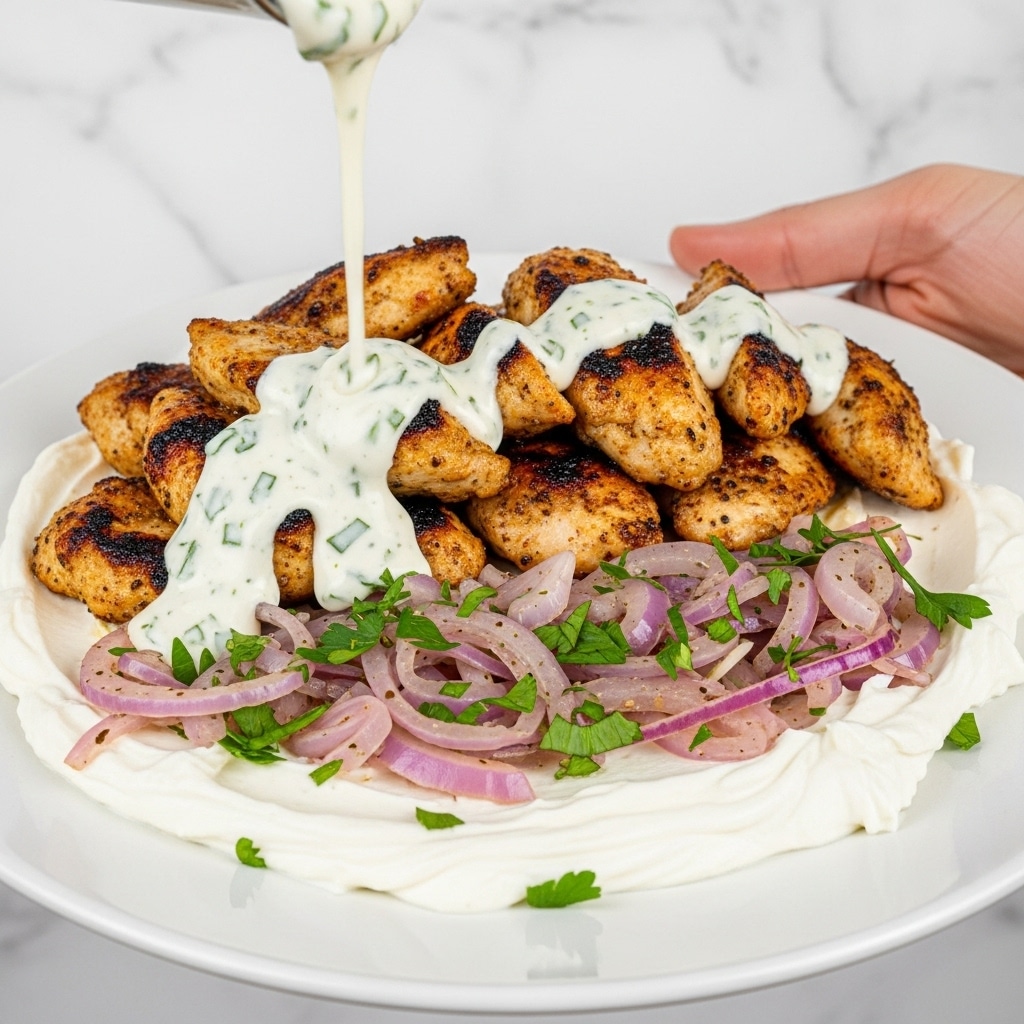 A close-up of a bowl shows three main layers: at the bottom, a soft, light beige pita bread; in the middle, small pieces of thinly sliced red onion with a pale purple color and fresh green parsley leaves; on top, a generous pile of grilled chicken strips that are brown with charred black spots, sprinkled with more chopped green parsley. A white creamy sauce with green herb specks is being poured over the chicken from above, creating a thick drizzle that covers some of the strips. The bowl is white, and the background has a white marbled texture. photo taken with an iphone --ar 4:5 --v 7