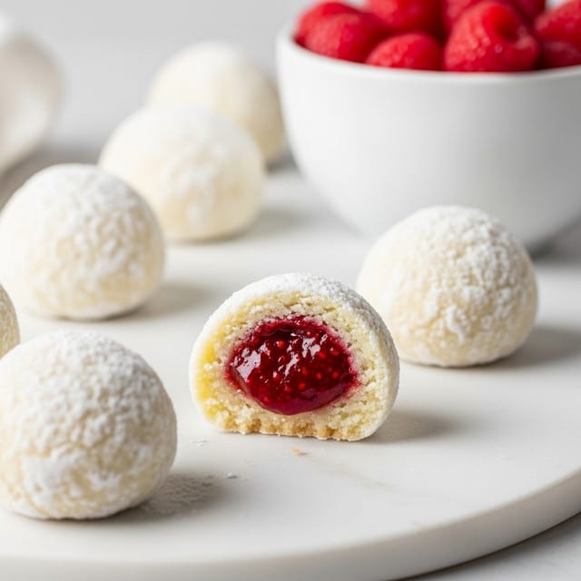 The image shows small round white cookies dusted with powdered sugar on a white marbled surface. Each cookie has a rough outer layer that looks soft and crumbly, coated with a fine white powder. One cookie is cut open, revealing a thick red filling in the center that looks moist and slightly textured, surrounded by a pale beige dough layer. In the background, there is a white bowl filled with fresh raspberries. The overall look is clean and fresh with a focus on the contrast between the white cookie crust and the bright red inside. Photo taken with an iphone --ar 4:5 --v 7