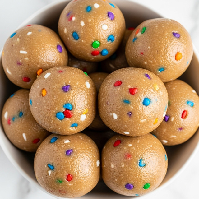 A close-up view of multiple smooth, round cookie dough balls placed closely together inside a white bowl. Each ball is light brown in color with small, colorful confetti-like sprinkles embedded throughout, featuring red, yellow, blue, green, purple, and white bits. The surface of the balls appears slightly glossy and soft. The background is a white marbled texture, creating a clean and bright environment. Photo taken with an iphone --ar 4:5 --v 7