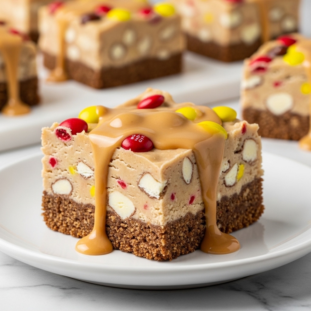 A close-up of a square dessert bar with three visible layers on a white plate: a thick, crumbly brown base layer, a dense, light beige middle layer with chunks of white chocolate or nuts, and a top layer covered with small red and yellow candy pieces. The dessert is drizzled with a smooth, light brown sauce that drips onto the plate. In the background, more dessert bars with a similar look are slightly out of focus on a white marbled surface. photo taken with an iphone --ar 4:5 --v 7
