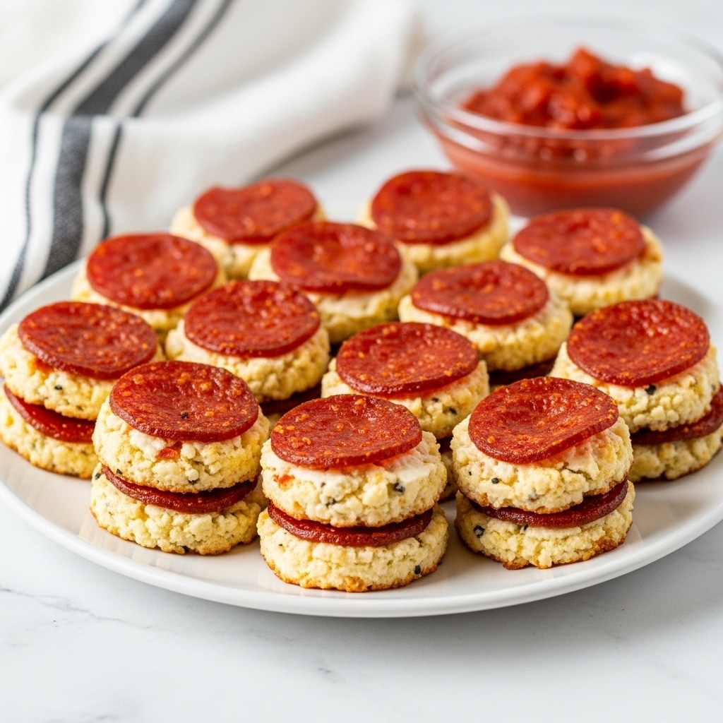 A white plate on a white marbled surface holds many small, round snacks stacked in two thin layers; the top layer is crispy and dark reddish-brown, looking like baked pepperoni slices, while the bottom layer is lighter, creamy, and textured like melted cheese with bits of seasoning visible. In the background, there is a small clear glass bowl filled with chunky red sauce. A white towel with black stripes is partly visible on the left side. photo taken with an iphone --ar 4:5 --v 7