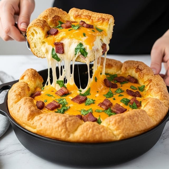 A thick, fluffy baked dish with golden-brown, puffy edges forming a raised crust around a creamy center filled with melted cheese, green herbs, and small chunks of cooked bacon scattered on top. A woman's hand is lifting a square piece with a spatula, showing the gooey stretch of melted cheese dripping down. The dish sits in a dark cast iron pan on a white marbled surface, with soft light highlighting the crispy texture and creamy filling. Photo taken with an iphone --ar 4:5 --v 7