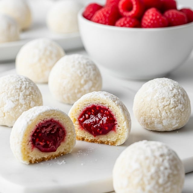 The image shows a close-up of small round pastries, each covered with a smooth, light beige dough dusted generously with white powdered sugar. The pastry on top is cut in half to reveal two inner layers: a thin, soft outer dough layer and a deep red, textured raspberry filling in the center that looks juicy and slightly chunky. These pastries are arranged on a white marbled surface, with some fresh raspberries in a white bowl blurred softly in the background, adding a pop of bright red color. Photo taken with an iphone --ar 4:5 --v 7