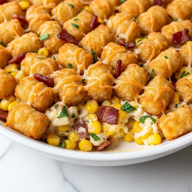 The image shows a close-up of a baked dish with one thick layer made of golden brown tater tots, melted white cheese covering the tots, small pieces of crispy dark brown bacon scattered on top, green parsley sprinkled evenly over the whole dish, and small bits of yellow corn mixed in. The texture looks crispy and cheesy with a mix of crunchy and soft elements. The photo is taken on a white marbled surface. photo taken with an iphone --ar 4:5 --v 7