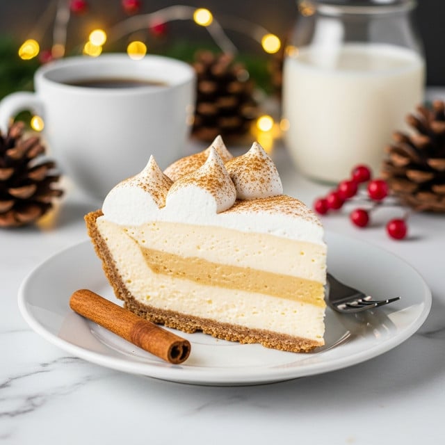 A slice of creamy yellow custard pie with a thick golden brown crust sits on a white plate with a scalloped edge, layered with a crumbly brown base at the bottom. The pie is topped with a generous swirl of white whipped cream sprinkled with brown cinnamon powder that also lightly dusts the plate. Beside the plate, there is a cinnamon stick. In the blurred background, a cup of coffee in a white cup and saucer and a glass of milk are visible on a white marbled surface, with warm, soft lights creating a cozy feeling. Photo taken with an iphone --ar 4:5 --v 7