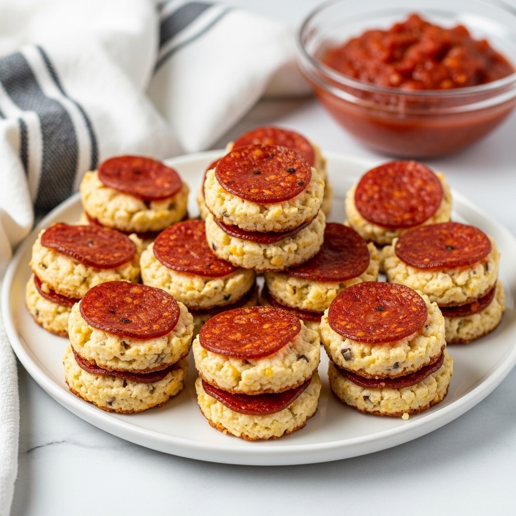 A white plate filled with multiple small round snacks that have two layers: the top and bottom layers are thin, crispy, dark reddish brown with a slightly burnt look, and the middle layer is creamy white with a slightly melted texture, peeking out in some places. The snacks are arranged casually close together, and behind the plate, there is a small clear bowl filled with chunky red sauce, placed on a wooden board next to a white towel with black stripes, all set on a white marbled surface. Photo taken with an iphone --ar 4:5 --v 7