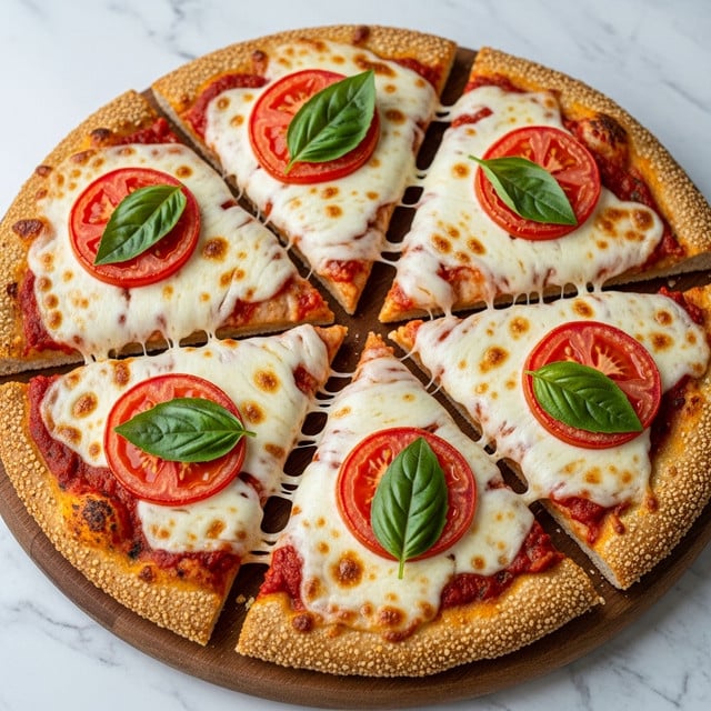 A small pizza cut into six slices rests on a wooden board with a white marbled surface beneath. The crust is golden brown and looks crispy with a textured, crumbly appearance. On top, a red tomato sauce layer is evenly spread under a thick layer of melted white mozzarella cheese that has browned slightly in spots. Each slice is topped with a bright red tomato slice and scattered fresh green basil leaves, adding a pop of color. The overall look is inviting with a mix of warm colors and fresh herbs, showing a neat balance of crust, cheese, and toppings. Photo taken with an iphone --ar 4:5 --v 7