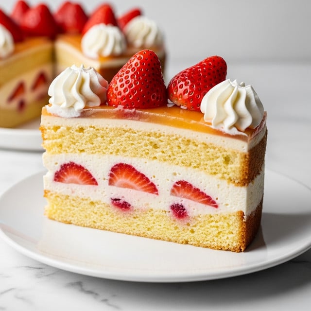The image shows a slice of strawberry cake on a white plate, placed on a white marbled surface. The cake has three visible layers: the bottom layer is a light yellow sponge with pieces of strawberries inside, the middle layer is creamy white custard with bits of strawberries, and the top layer is a thin, shiny glaze with large, fresh strawberry slices and two dollops of white whipped cream on the edges. The cake's texture looks soft and moist, with the strawberries adding bright red color contrast. Photo taken with an iphone --ar 4:5 --v 7