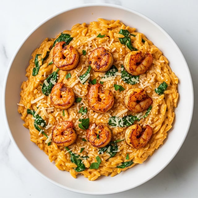 A white bowl filled with a creamy pasta dish sits on a white marbled surface. The pasta is coated in a light orange sauce, mixed with small green spinach leaves scattered throughout. On top are evenly placed pieces of browned shrimp, adding a rich orange-brown color. Bits of grated cheese and small green herb pieces are sprinkled on the creamy surface, giving texture and color contrast. The dish looks warm, rich, and creamy, with the shrimp standing out on the creamy pasta base. photo taken with an iphone --ar 4:5 --v 7