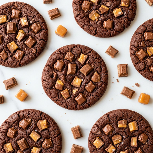 The image shows six round chocolate cookies on a white marbled surface. Each cookie has a rough texture and is thick, with many small and big chunks of milk chocolate and lighter caramel-colored pieces spread all over the surface. Scattered broken chocolate bars and small caramel pieces lie between the cookies. The cookies look soft and rich with shiny, melty chocolate pieces on top. Photo taken with an iphone --ar 4:5 --v 7