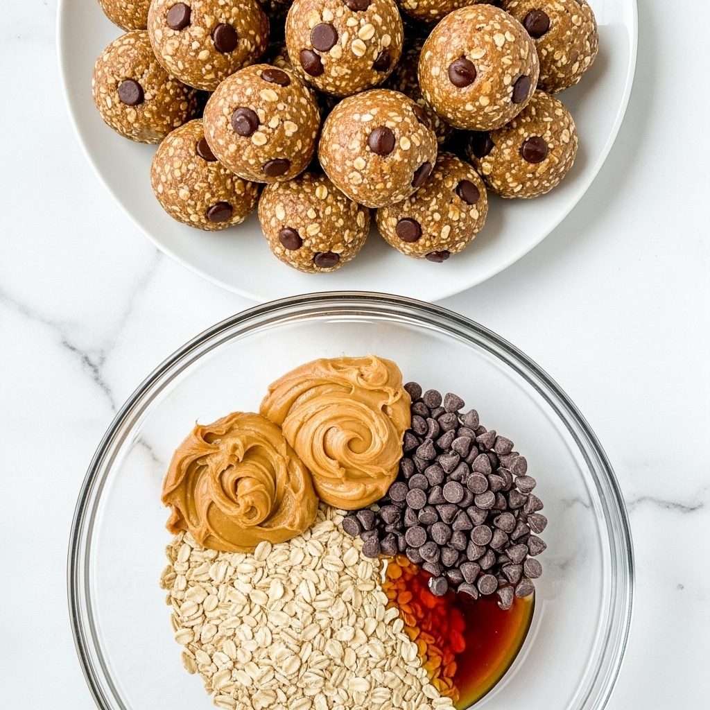 A close-up image of a white plate filled with a large pile of round no-bake protein balls on a white marbled surface. Each ball has a textured mix of light brown oats and darker chocolate chips spread evenly throughout. Below the plate is a glass bowl placed on the same white marbled surface, filled with four ingredients arranged in four sections: light beige oats in the bottom section, smooth light brown peanut butter swirled thickly on the left, dark chocolate chips neatly piled on the right, and a glossy caramel-colored syrup pooling slightly near the peanut butter. The photo taken with an iphone --ar 4:5 --v 7
