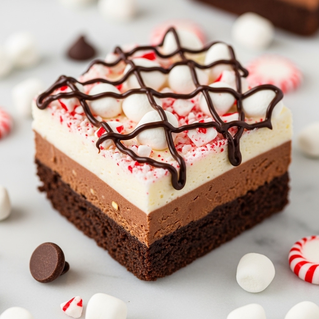 The image shows a close-up of a square chocolate dessert with three clear layers: the bottom layer is dark and dense brown, the middle layer is lighter brown with a creamy texture, and the top layer is white, covered with small white marshmallows and pieces of crushed red-and-white peppermint candy. Thin lines of melted chocolate drizzle run across the top, adding decoration and contrast. The dessert is placed on a white marbled surface with scattered marshmallows, a chocolate chip, and peppermint pieces around it. photo taken with an iphone --ar 4:5 --v 7