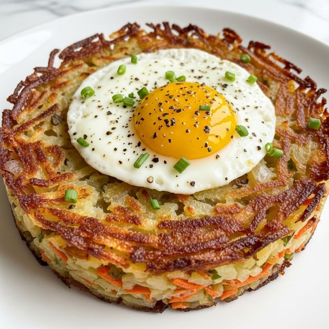 A stack of shredded, crispy golden-brown potatoes form the base and sides of the dish, with visible bits of slightly charred edges and some soft, melted cheese mixed in, creating a rich texture. On top sits a perfectly cooked sunny-side-up egg with a bright yellow yolk and firm, glossy white edges. The yolk is sprinkled with black pepper flakes and small green herbs, adding color and detail. The dish is presented on a white plate, all set on a white marbled surface. photo taken with an iphone --ar 4:5 --v 7