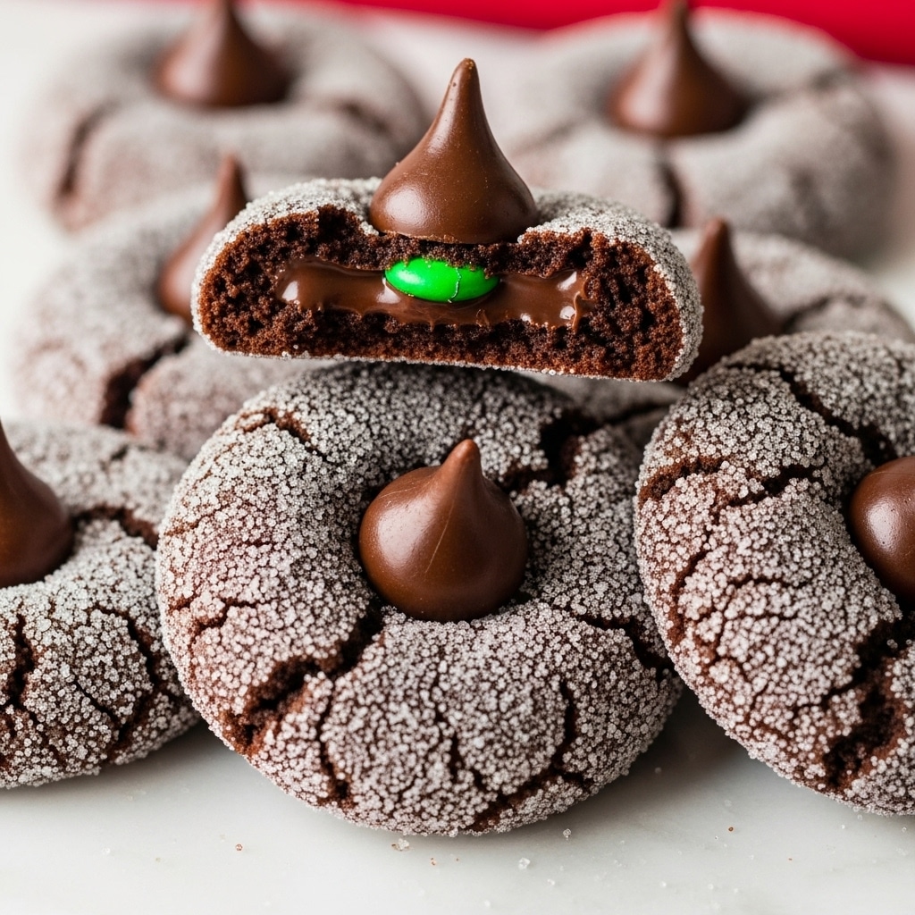 The image shows a close-up of several chocolate cookies coated in sugar crystals, each with a shiny, dark chocolate kiss in the center. One cookie is broken in half, revealing a creamy light green filling inside the chocolate kiss. The cookies have a rough, cracked texture and are stacked together on a surface with a white marbled texture. The colors mainly include dark brown from the cookies and chocolate, white from the sugar coating, and a bright green filling visible inside the broken chocolate kiss. photo taken with an iphone --ar 4:5 --v 7