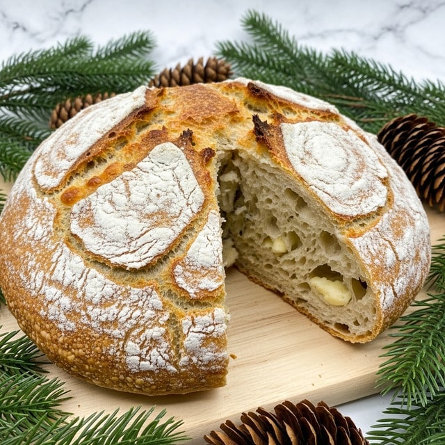 The image shows a round rustic loaf of bread on a wooden board, with a rough and rugged crust that is golden brown with specks of white flour dusted over the top. The bread has deep cracks and crevices revealing a soft, airy inside with hints of green herbs and melted yellow cheese throughout the dough. The surface and background are decorated with pine cones and green pine needles, giving a festive, natural look. Photo taken with an iphone --ar 4:5 --v 7