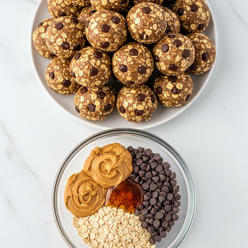 A white plate holds a neat stack of round no-bake protein balls, about three layers high, each ball showing a mix of light brown oats and darker chocolate chips with a slightly glossy surface from the peanut butter binding them. Below, a clear bowl is filled with four sections of ingredients: golden tan peanut butter swirled thickly in two parts, shiny caramel sauce pooling around the peanut butter, dark brown chocolate chips in a tight pile, and light beige rolled oats loosely filling the last section, all sitting on a white marbled surface. Photo taken with an iphone --ar 4:5 --v 7