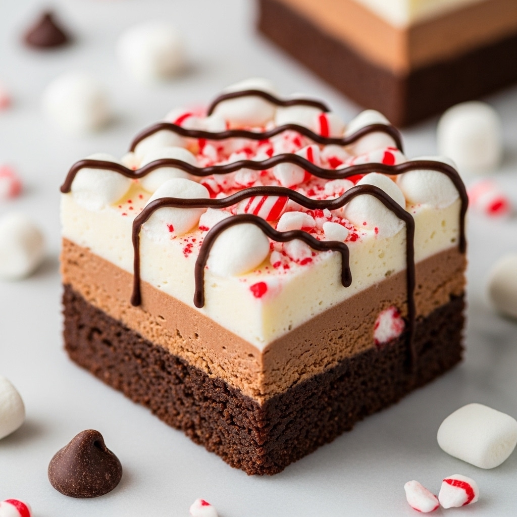 A close-up of a square layered dessert sits on a white marbled surface. The bottom layer is dense and dark brown, with a fudgy texture. Above that is a thick middle layer of slightly lighter brown creamy chocolate with marshmallows embedded inside. On top, a fluffy layer of white marshmallows is scattered, some with tiny red peppermint pieces. Thin streams of dark chocolate drizzle over the top and down the sides. Around the dessert piece, there are small pieces of broken peppermint, a whole marshmallow, and a single chocolate chip. Photo taken with an iphone --ar 4:5 --v 7