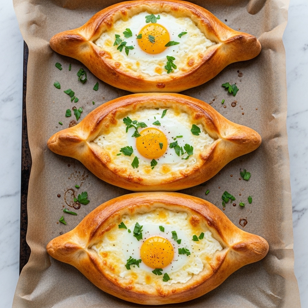 Three baked boat-shaped breads lie side by side on a baking tray lined with brown parchment paper, placed on a white marbled surface. Each bread has a golden brown, shiny crust forming a thick border around the edges with some darker toasted spots. The center of each boat is filled with a creamy white layer of melted cheese topped by a cooked egg with bright yellow yolk and slightly set white, showing a few cracked edges where yolk spills. Bits of fresh green parsley are scattered on top of and around the breads, adding a fresh touch. photo taken with an iphone --ar 4:5 --v 7