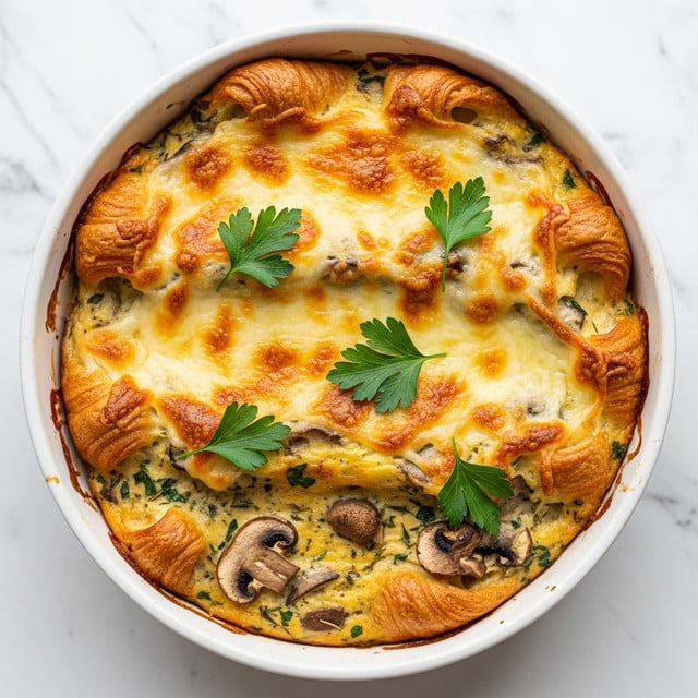 A white bowl filled with a baked dish that has a thick, golden-brown crust on top, showing slight bubbling cheese and bright spots of darker baked cheese. Below the crust, creamy layers with chunks of mushrooms and other small vegetables are faintly visible. Fresh green parsley leaves are placed in the center as garnish, adding a touch of color on top of the warm, textured surface. The bowl sits on a white marbled surface. Photo taken with an iphone --ar 4:5 --v 7
