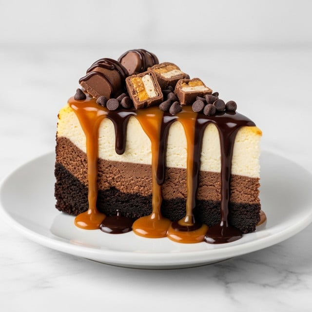 A close-up slice of cheesecake shows three layers: a dark chocolate crumb base at the bottom with a rough texture, a thick middle layer of smooth, creamy white cheesecake, and a glossy caramel sauce dripping down the sides. The top is decorated with small chocolate chips and chocolate pieces with nuts. The slice sits on a white plate over a white marbled background, with caramel pooling around the base. photo taken with an iphone --ar 4:5 --v 7