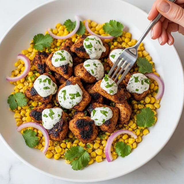 The image shows a close-up of a dish with several grilled chicken pieces, browned and slightly charred with orange-red seasoning on the top layer. The chicken sits on a bed of yellow corn kernels mixed with green cilantro leaves and thin slices of light purple onion spread throughout. There is a white creamy sauce drizzled unevenly over the chicken and some of the corn. The texture of the chicken looks crispy on the outside but tender inside. A silver fork held by a woman's hand is lifting one piece of chicken from the dish. The bowl holding the food is white, and the background surface has a white marbled texture. Photo taken with an iphone --ar 4:5 --v 7