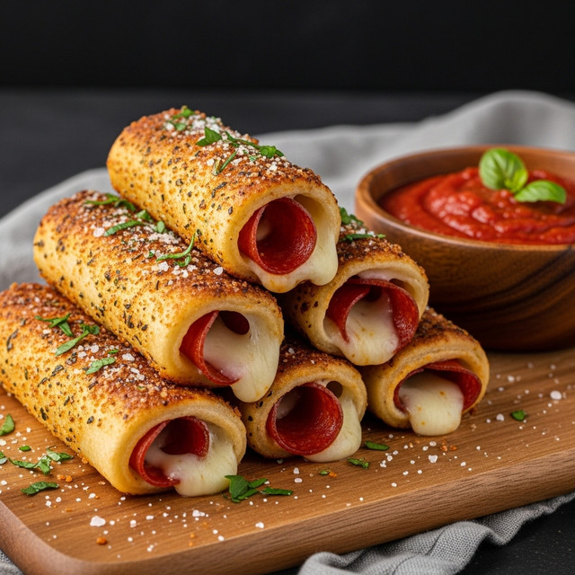 A stack of five golden-brown, crispy rolled pizza pockets filled with melted white cheese and visible pepperoni slices peeking out from the ends, sprinkled with finely chopped green herbs and grated Parmesan cheese on top. They rest on a wooden board with scattered green herb leaves and coarse salt around them. To the side, there is a wooden bowl filled with red marinara sauce garnished with a small green herb leaf, all set against a white marbled surface. photo taken with an iphone --ar 4:5 --v 7