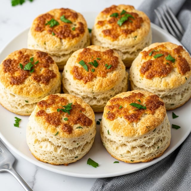 A close-up view of six golden brown cheese biscuits arranged in a circular pattern on a white plate, each biscuit showing a rough, crumbly texture with crispy, browned tops and sprinkled with finely chopped green herbs, against a white marbled surface with a fork and a beige cloth napkin nearby. photo taken with an iphone --ar 4:5 --v 7