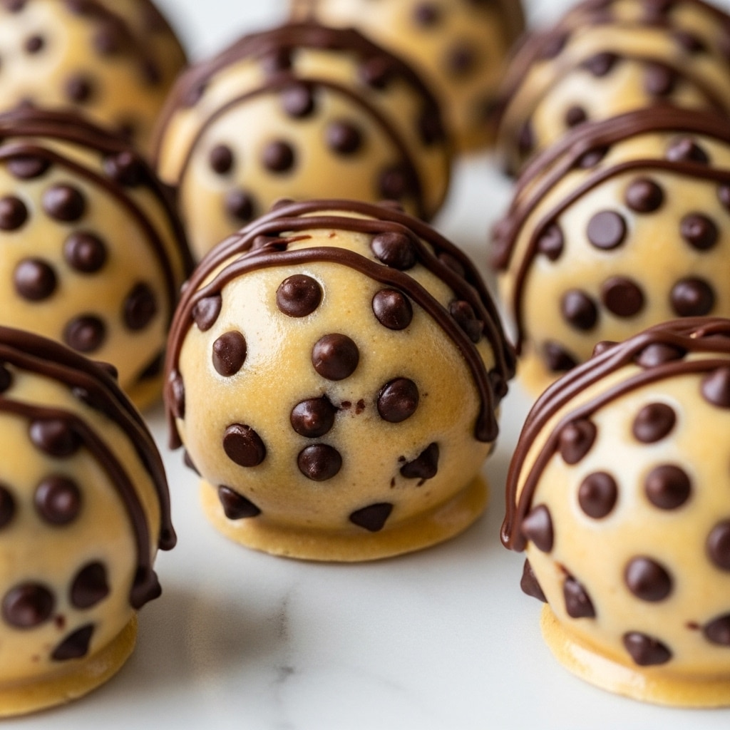 A close-up view of several round dessert balls covered in smooth, light caramel-colored coating with an uneven texture. Each ball is decorated with dark chocolate chips embedded into the coating, with some chips standing upright and others lying flat. On top, thin lines of dark chocolate drizzle run across the surface, adding contrast and detail. The treats rest on a crinkled white parchment paper that sits on a white marbled texture surface, giving a clean and bright background. photo taken with an iphone --ar 4:5 --v 7