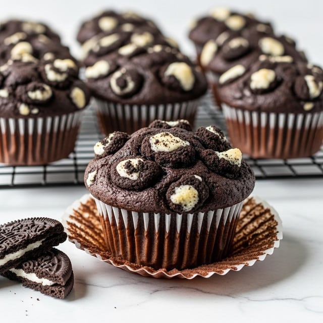 A close-up view of four chocolate muffins cooling on a black wire rack over a white marbled texture. Each muffin has a rich dark brown base with a slightly wider baking cup edge peeling back and crisp. The tops are uneven and textured with a mixture of light beige and dark chocolate crumbly bits, giving a crunchy appearance. The focus is on the front muffin with the others softly blurred in the background, and a cream-filled cookie is partially visible blurred at the bottom right. Photo taken with an iphone --ar 4:5 --v 7