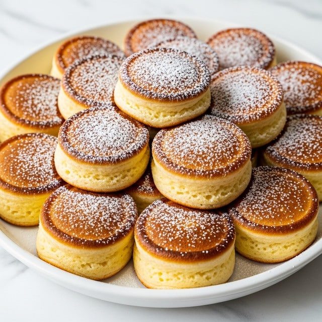 A white round dish filled with about a dozen small, golden brown, fluffy round cakes stacked neatly. Each cake shows a slightly crispy, browned top with a soft, spongy texture below. The cakes are lightly dusted with powdered sugar, adding a delicate white contrast on top. The background shows a white marbled surface under the dish. Photo taken with an iphone --ar 4:5 --v 7