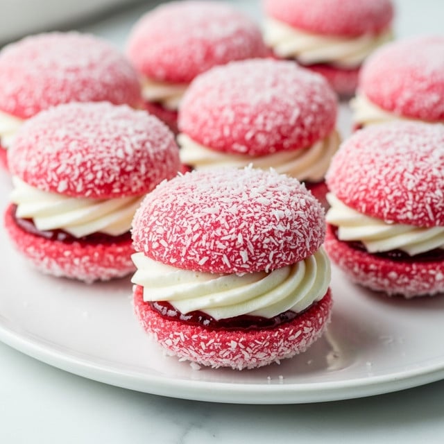 The image shows several small round cream-filled sweets on a white plate. Each sweet has two pink coconut-coated layers that look soft and moist. Between the pink layers, there is a thick swirl of white cream and a thin layer of red jam visible inside. The sweets are placed on a white marbled surface with a soft, blurred background. photo taken with an iphone --ar 4:5 --v 7
