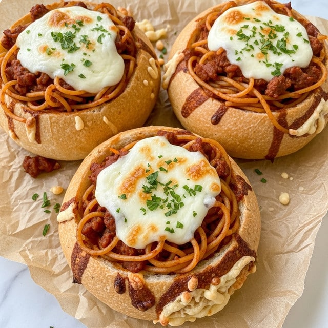 The image shows three small round bread bowls with a golden-brown crust, each filled with a layer of cooked spaghetti noodles mixed with small bits of meat and sauce. On top of the noodles, there is a layer of melted white cheese, slightly browned and bubbling, sprinkled with chopped green herbs. The edges of the bread bowls are crisp and slightly charred in places, with some cheese and spaghetti noodles spilling out around the sides. The bread bowls are placed on crumpled brown parchment paper on a surface with a white marbled texture. photo taken with an iphone --ar 4:5 --v 7