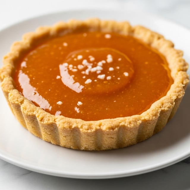 A close-up view of a small tart with a golden, crumbly crust surrounding a smooth, shiny orange filling that looks like apricot or peach jam. The filling is glossy and appears slightly thick with a few small white specks that resemble sugar crystals sprinkled on top. The tart is placed on a white plate, sitting on a white marbled surface with soft lighting highlighting the texture and color of the filling and crust. Photo taken with an iphone --ar 4:5 --v 7