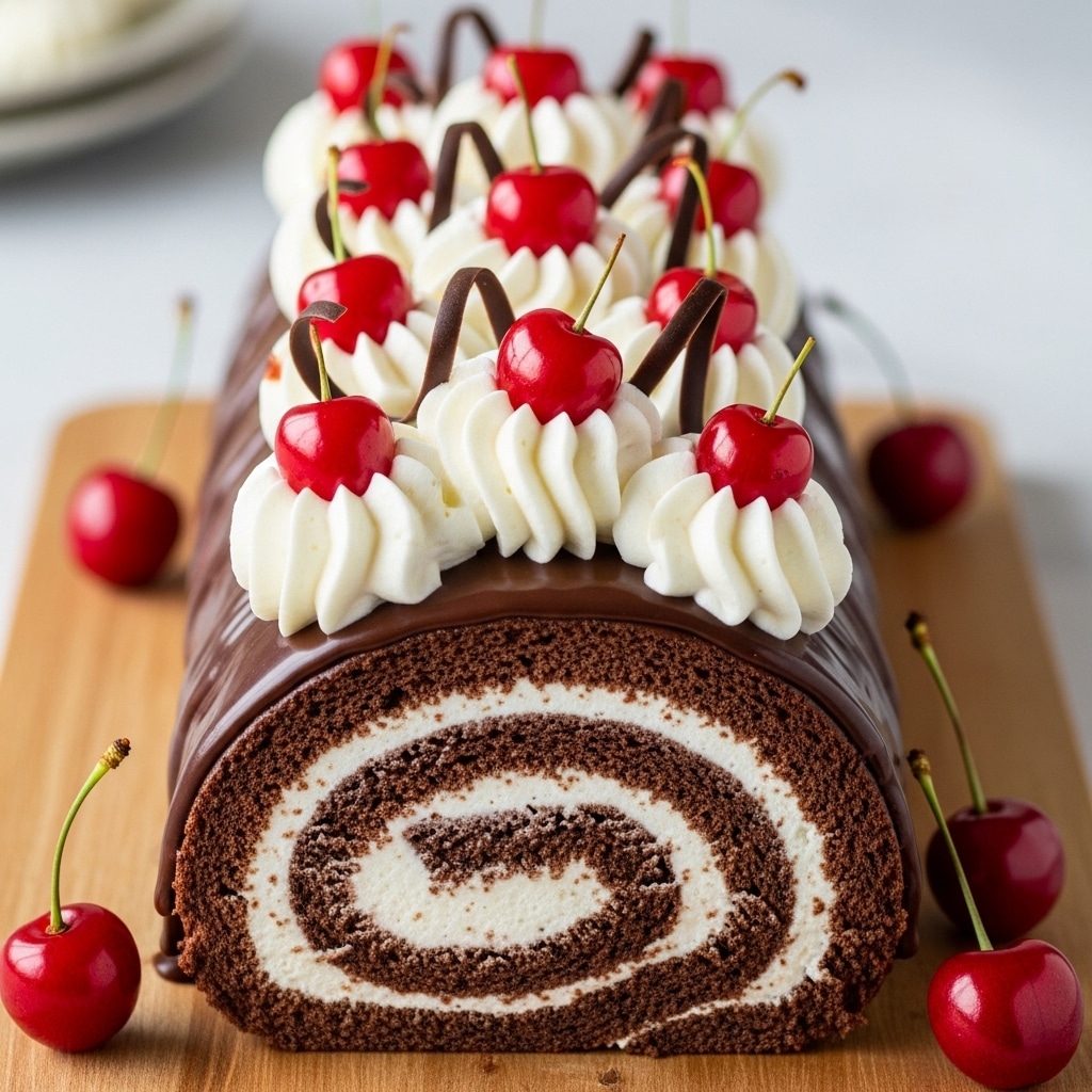 The image shows a chocolate Swiss roll cake with a thick spiral of white cream and dark chocolate cake forming the main body, reaching about four visible layers in the swirl. On top, there are swirls of white whipped cream spaced evenly, each topped with a shiny red cherry and decorated with curled dark chocolate ribbons. The sides of the cake have a smooth dark chocolate glaze with drizzles running down. The whole cake rests on a wooden board, with a few cherries placed around it. The background is a soft blur, and the vibrant red cherries contrast strikingly with the dark brown and white layers of the cake. photo taken with an iphone --ar 4:5 --v 7