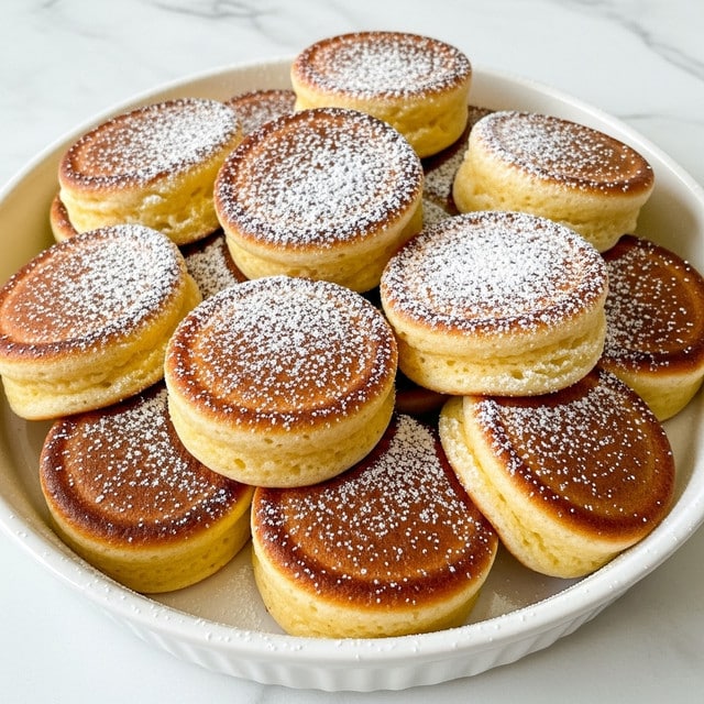 A white round dish filled with a pile of golden brown, round mini pancakes, each with a slightly crispy and textured top, showing varying shades of golden and light brown with some darker spots. The pancakes look fluffy and soft, stacked unevenly in layers inside the dish. A light dusting of powdered sugar is sprinkled on top, giving a hint of white contrast against the golden pancakes. The dish rests on a white marbled surface with a white cloth partially visible on the side printed with red and yellow floral patterns. The background is softly blurred with warm tones. photo taken with an iphone --ar 4:5 --v 7