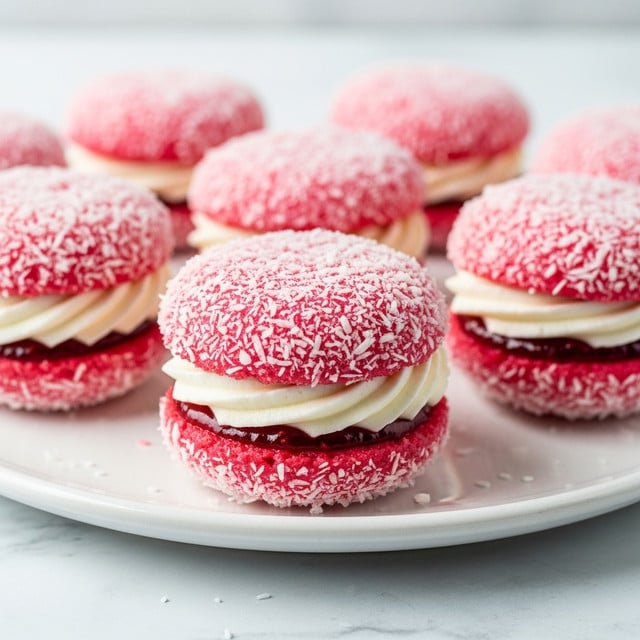 The image shows small, round, pink cream-filled cakes sitting on a white plate with a pale blue rim, placed on a white marbled surface. Each cake has two layers of soft pink sponge coated with shredded coconut on the outside. Between the sponge layers, there is a thick swirl of white cream and a thin layer of red jam. The cakes look fluffy and moist with a delicate texture. In the background, similar cakes are slightly out of focus. Photo taken with an iphone --ar 4:5 --v 7