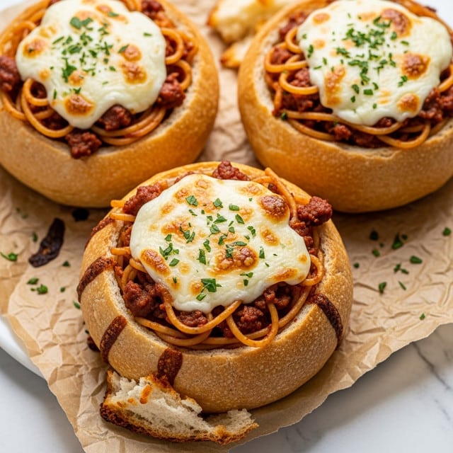 Three round bread bowls sit on crumpled brown paper over a white marbled surface, each filled with a mix of cooked spaghetti noodles and melted cheese. The outer crust of the bread is golden brown with a slightly crispy texture and some black pepper sprinkled on top. Inside each bowl, the spaghetti is lightly tangled, topped with bubbly, slightly browned mozzarella cheese, and small bits of meat sauce peek through the noodles. Fresh green parsley pieces are sprinkled over the cheese and noodles, adding a pop of color and freshness. The overall look is warm, cheesy, and inviting, with gooey cheese strings stretching around the edges of the bread bowls. photo taken with an iphone --ar 4:5 --v 7
